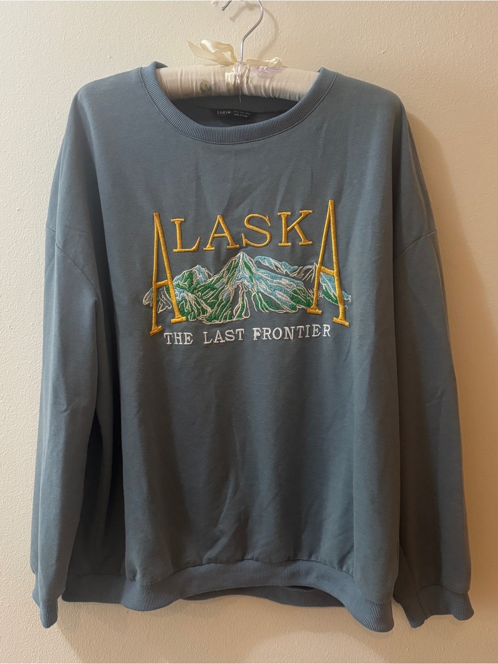 SHEIN Slate Blue 'ALASKA' Embroidered Crewneck Sweater